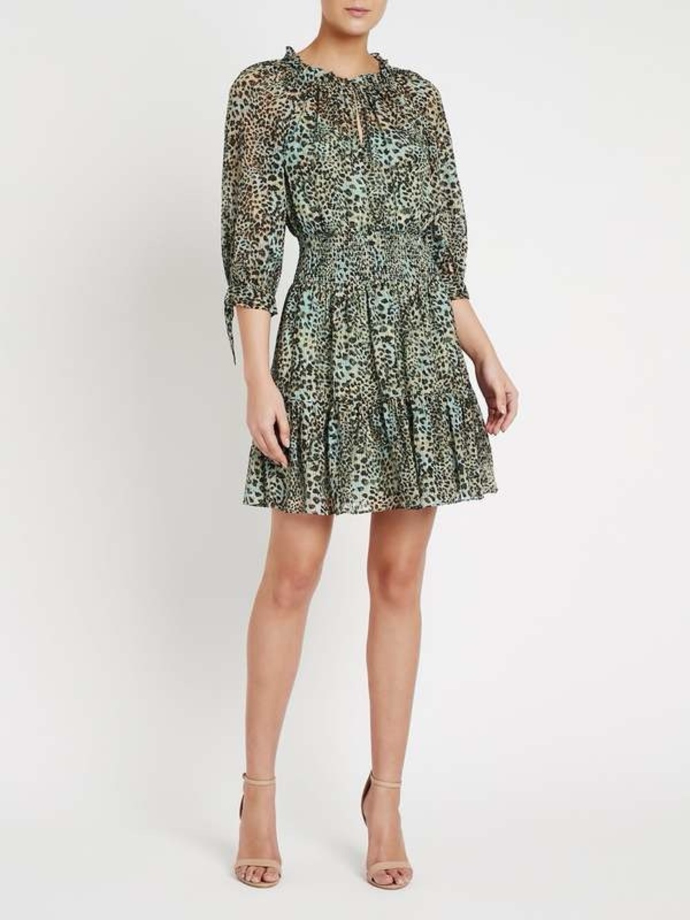 Smocked Waist Green Leopard Print Mini Dress
